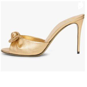 FOWT Gold Lovely Bowknot Open Toe Mules Slip on Thin High Heel Slide Sandals